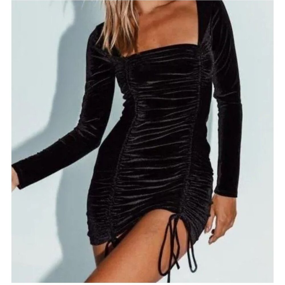 Princess Polly Velvet Mini Dress Size 8 Square Neck Rouched Indie Sleaze Black